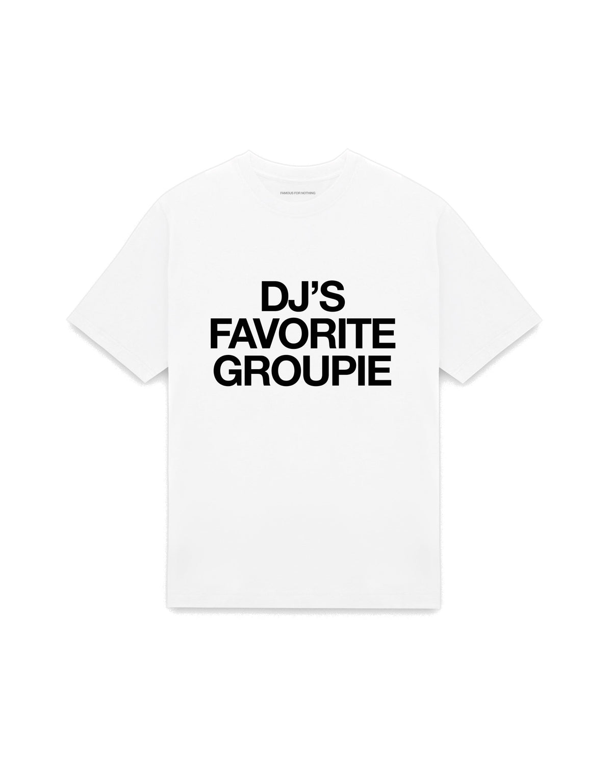 White oversized t-shirt with DJ'S FAVOURITE GROUPIE printed in Helvetica across the chest, AS Colour Heavy Tee 5080.