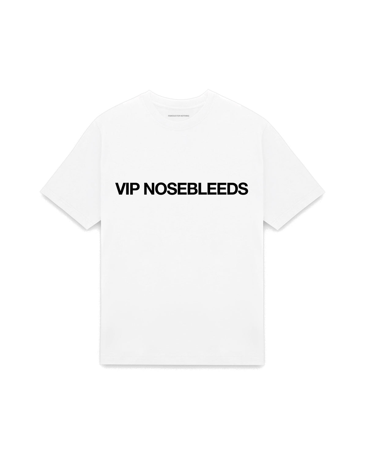 White oversized t-shirt with VIP NOSEBLEEDS printed in Helvetica across the chest, AS Colour Heavy Tee 5080.