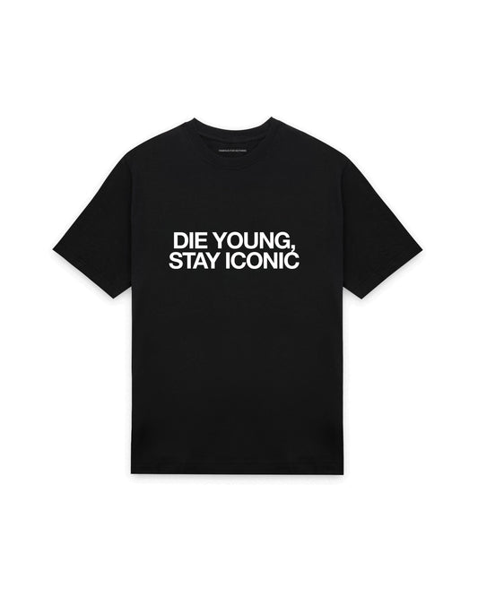 Black oversized t-shirt with DIE YOUNG, STAY ICONIC printed in Helvetica across the chest, AS Colour Heavy Tee 5080.