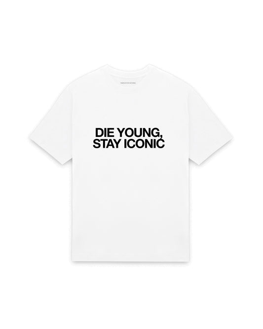 White oversized t-shirt with DIE YOUNG, STAY ICONIC printed in Helvetica across the chest, AS Colour Heavy Tee 5080.