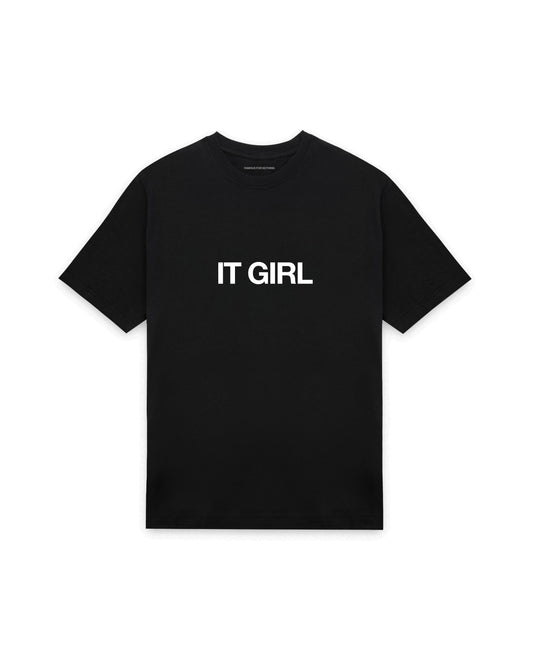 Black oversized t-shirt with IT GIRL printed in Helvetica across the chest, AS Colour Heavy Tee 5080.