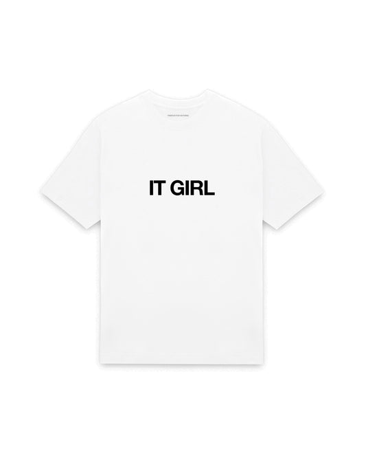 White oversized t-shirt with IT GIRL printed in Helvetica across the chest, AS Colour Heavy Tee 5080.