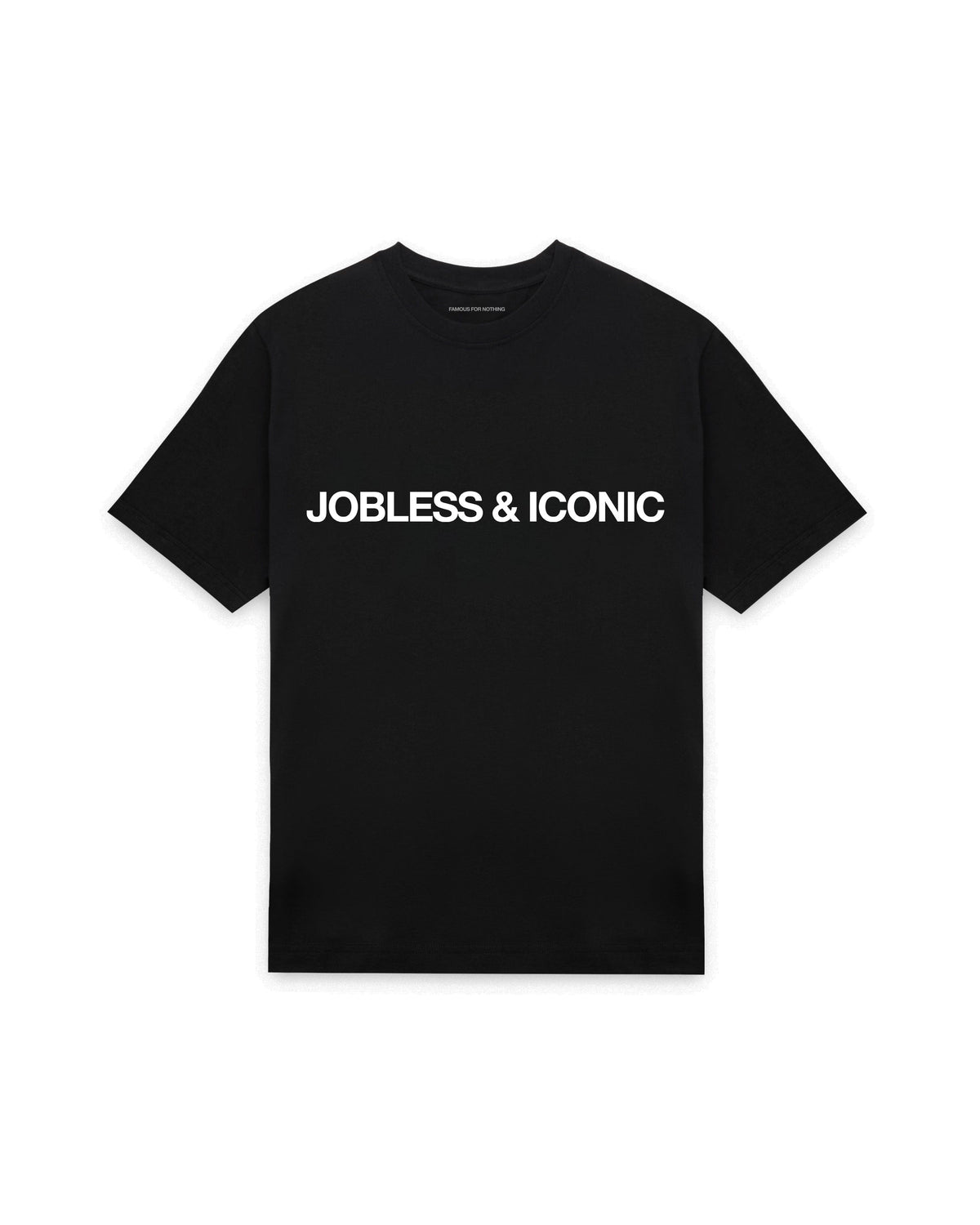 Black oversized t-shirt with JOBLESS & ICONIC printed in Helvetica across the chest, AS Colour Heavy Tee 5080.