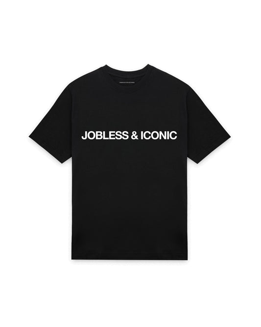 Black oversized t-shirt with JOBLESS & ICONIC printed in Helvetica across the chest, AS Colour Heavy Tee 5080.