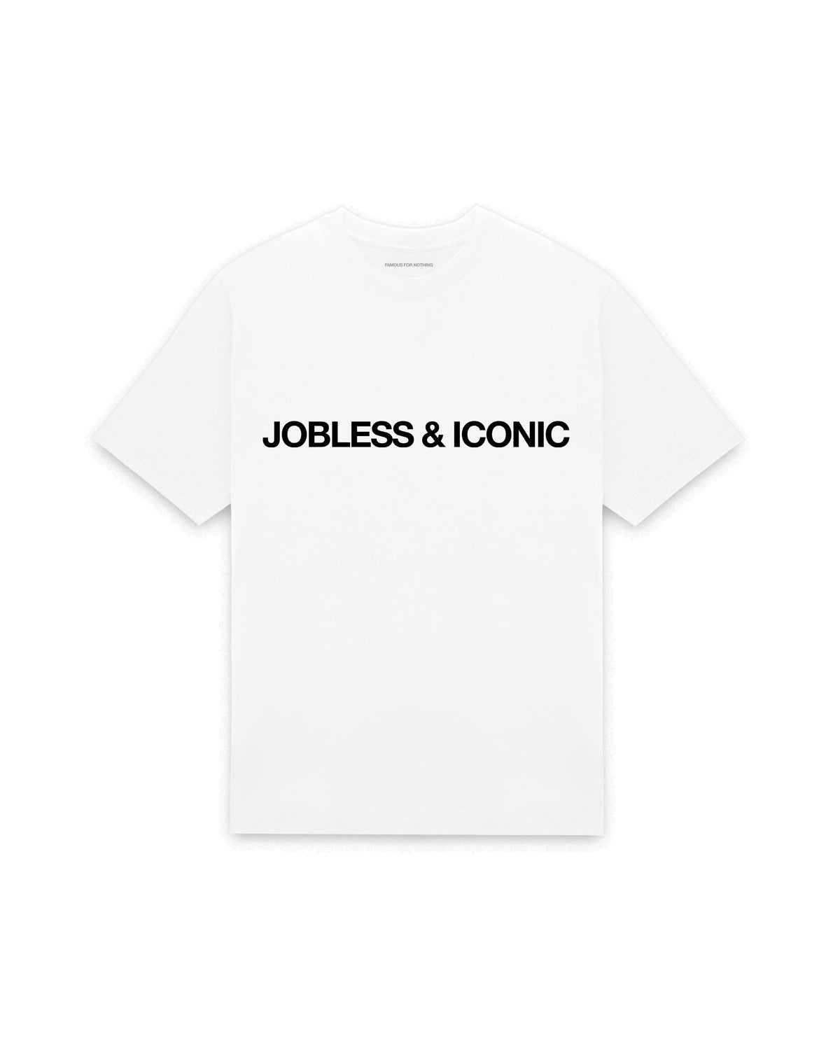 White oversized t-shirt with JOBLESS & ICONIC printed in Helvetica across the chest, AS Colour Heavy Tee 5080.