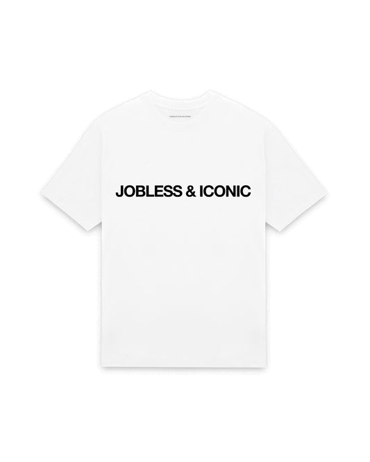 White oversized t-shirt with JOBLESS & ICONIC printed in Helvetica across the chest, AS Colour Heavy Tee 5080.