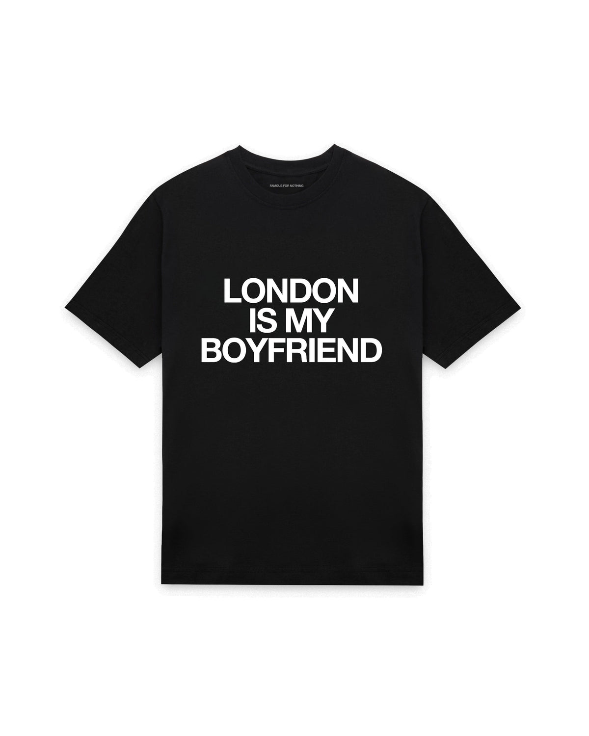 Black oversized t-shirt with LONDON IS MY BOYFRIEND printed in Helvetica across the chest, AS Colour Heavy Tee 5080.