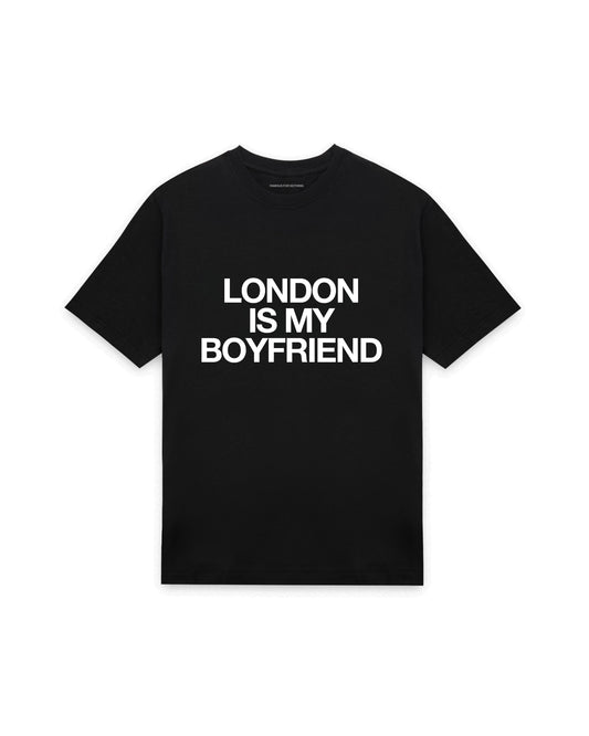 Black oversized t-shirt with LONDON IS MY BOYFRIEND printed in Helvetica across the chest, AS Colour Heavy Tee 5080.
