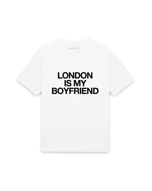 White oversized t-shirt with LONDON IS MY BOYFRIEND printed in Helvetica across the chest, AS Colour Heavy Tee 5080.