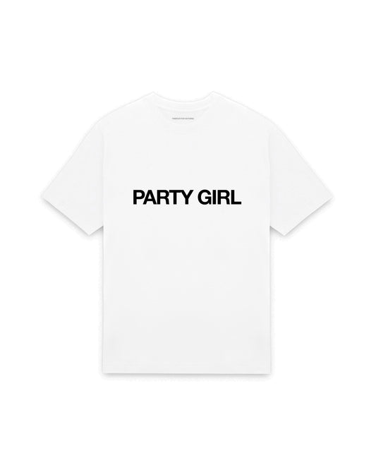 White oversized t-shirt with PARTY GIRL printed in Helvetica across the chest, AS Colour Heavy Tee 5080.