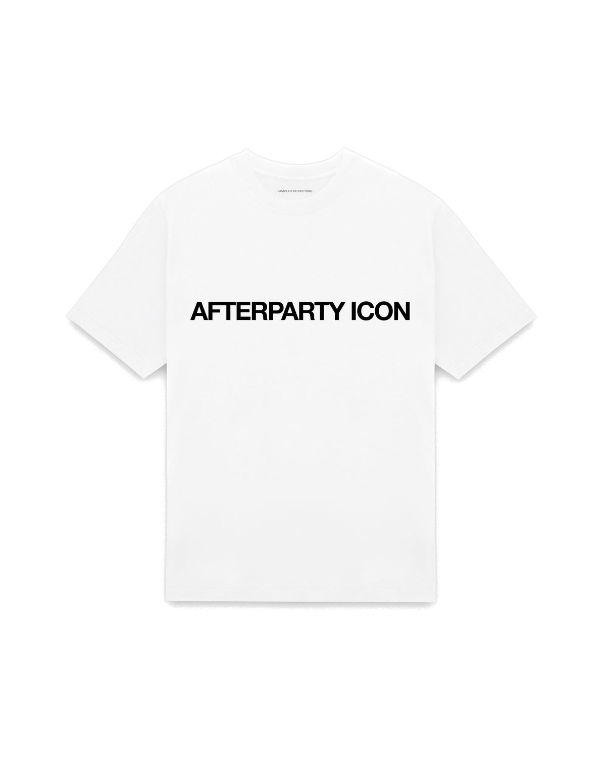 White oversized t-shirt with AFTERPARTY ICON printed in Helvetica across the chest, AS Colour Heavy Tee 5080.