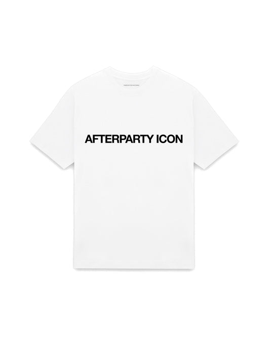 White oversized t-shirt with AFTERPARTY ICON printed in Helvetica across the chest, AS Colour Heavy Tee 5080.