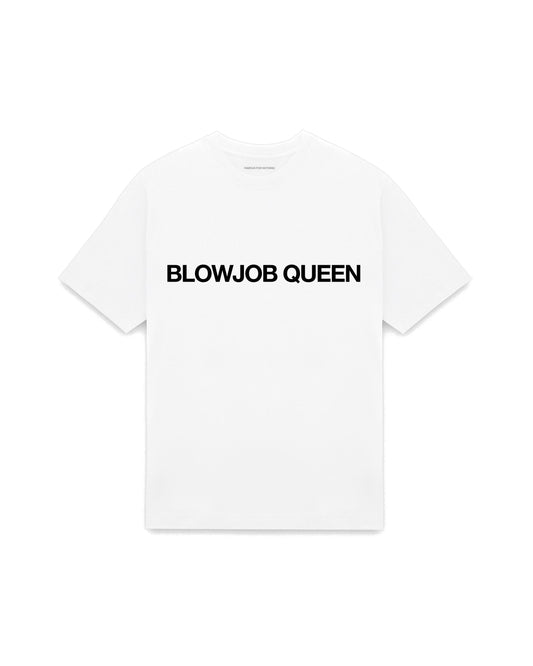 White oversized t-shirt with BLOWJOB QUEEN printed in Helvetica across the chest, AS Colour Heavy Tee 5080.