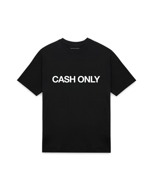 Black oversized t-shirt with CASH ONLY printed in Helvetica across the chest, AS Colour Heavy Tee 5080.