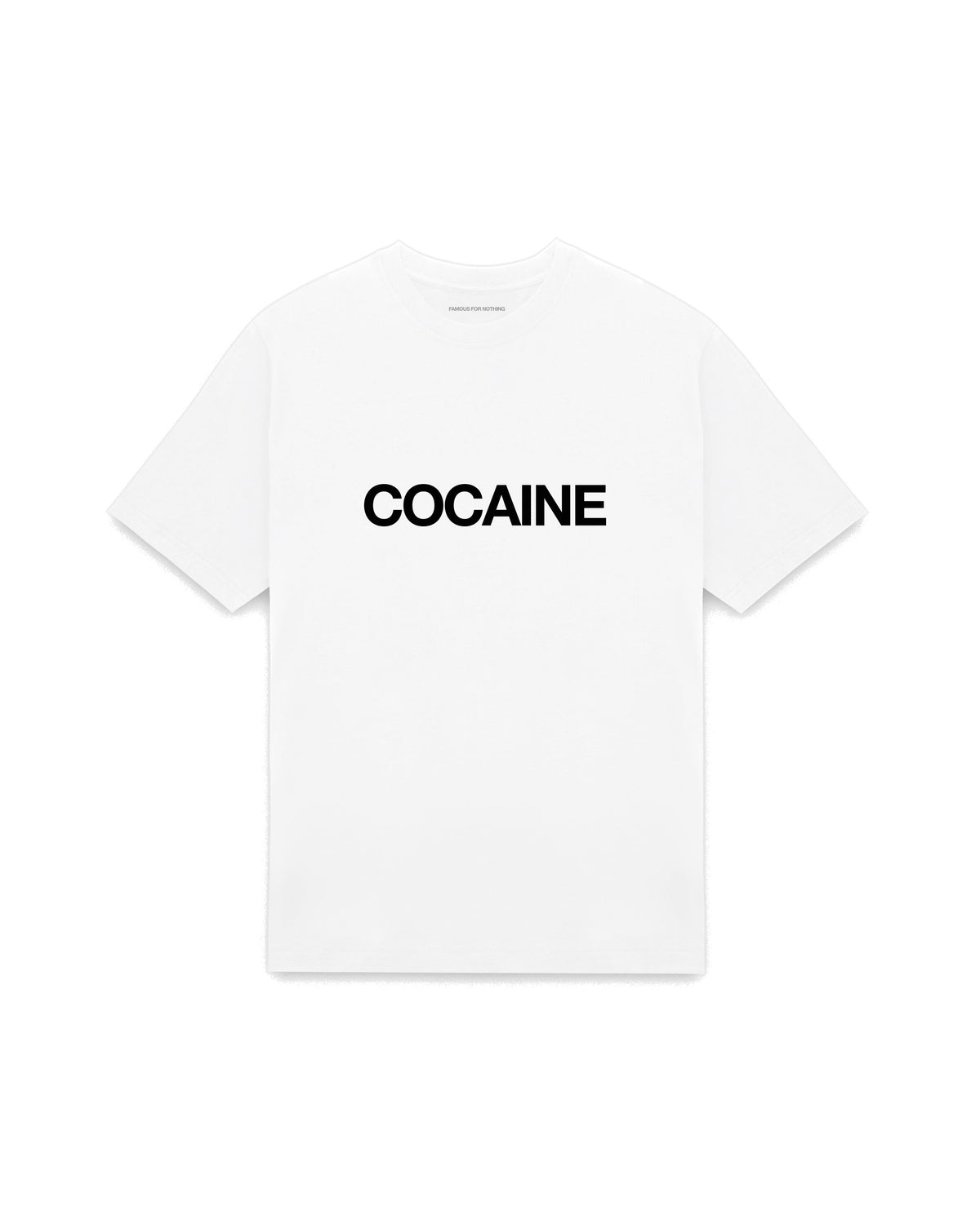 White oversized t-shirt with COCAINE printed in Helvetica across the chest, AS Colour Heavy Tee 5080.