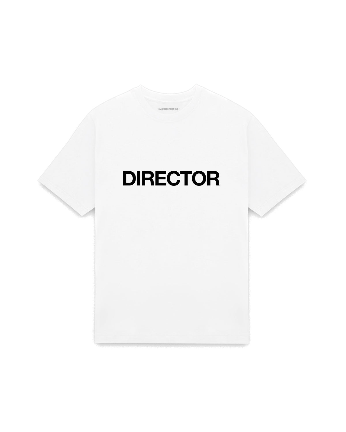 White oversized t-shirt with DIRECTOR printed in Helvetica across the chest, AS Colour Heavy Tee 5080.