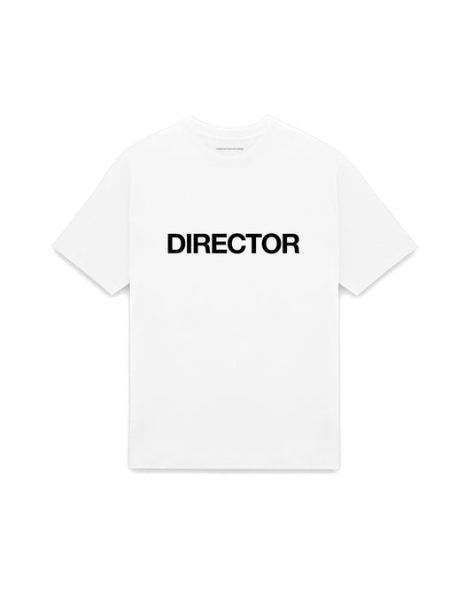 White oversized t-shirt with DIRECTOR printed in Helvetica across the chest, AS Colour Heavy Tee 5080.