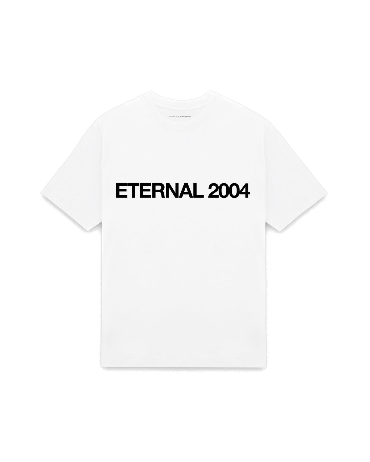 White oversized t-shirt with ETERNAL 2004 printed in Helvetica across the chest, AS Colour Heavy Tee 5080.