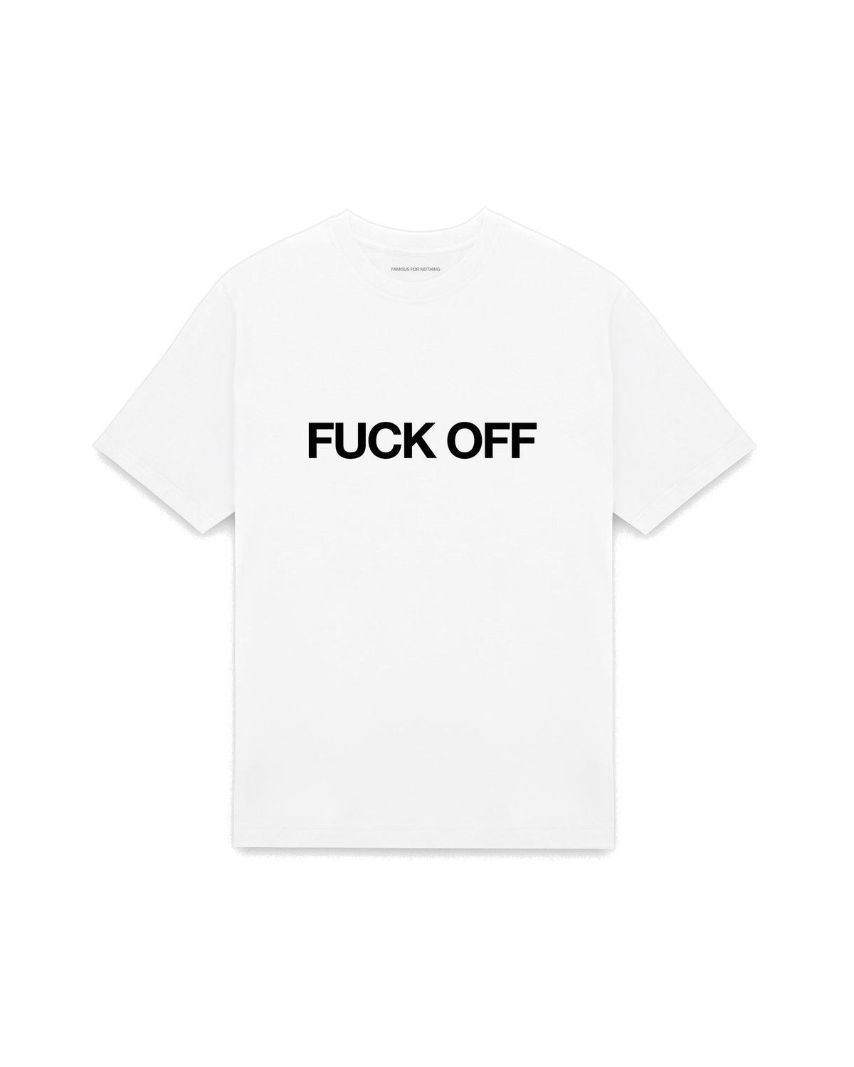 White oversized t-shirt with FUCK OFF printed in Helvetica across the chest, AS Colour Heavy Tee 5080.