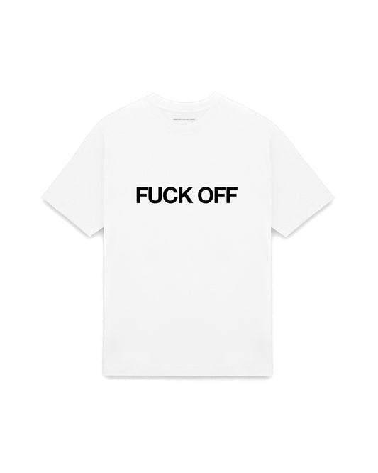 White oversized t-shirt with FUCK OFF printed in Helvetica across the chest, AS Colour Heavy Tee 5080.