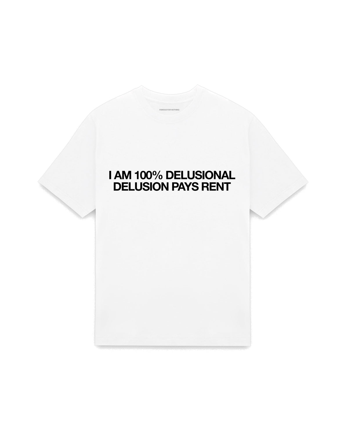 White oversized t-shirt with I AM 100% DELUSIONAL DELUSION PAYS MY RENT printed in Helvetica across the chest, AS Colour Heavy Tee 5080.