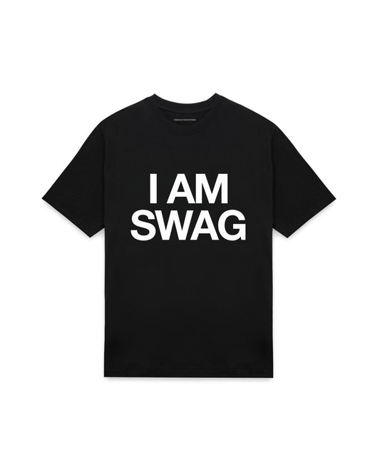 Black oversized t-shirt with I AM SWAG printed in Helvetica across the chest, AS Colour Heavy Tee 5080.