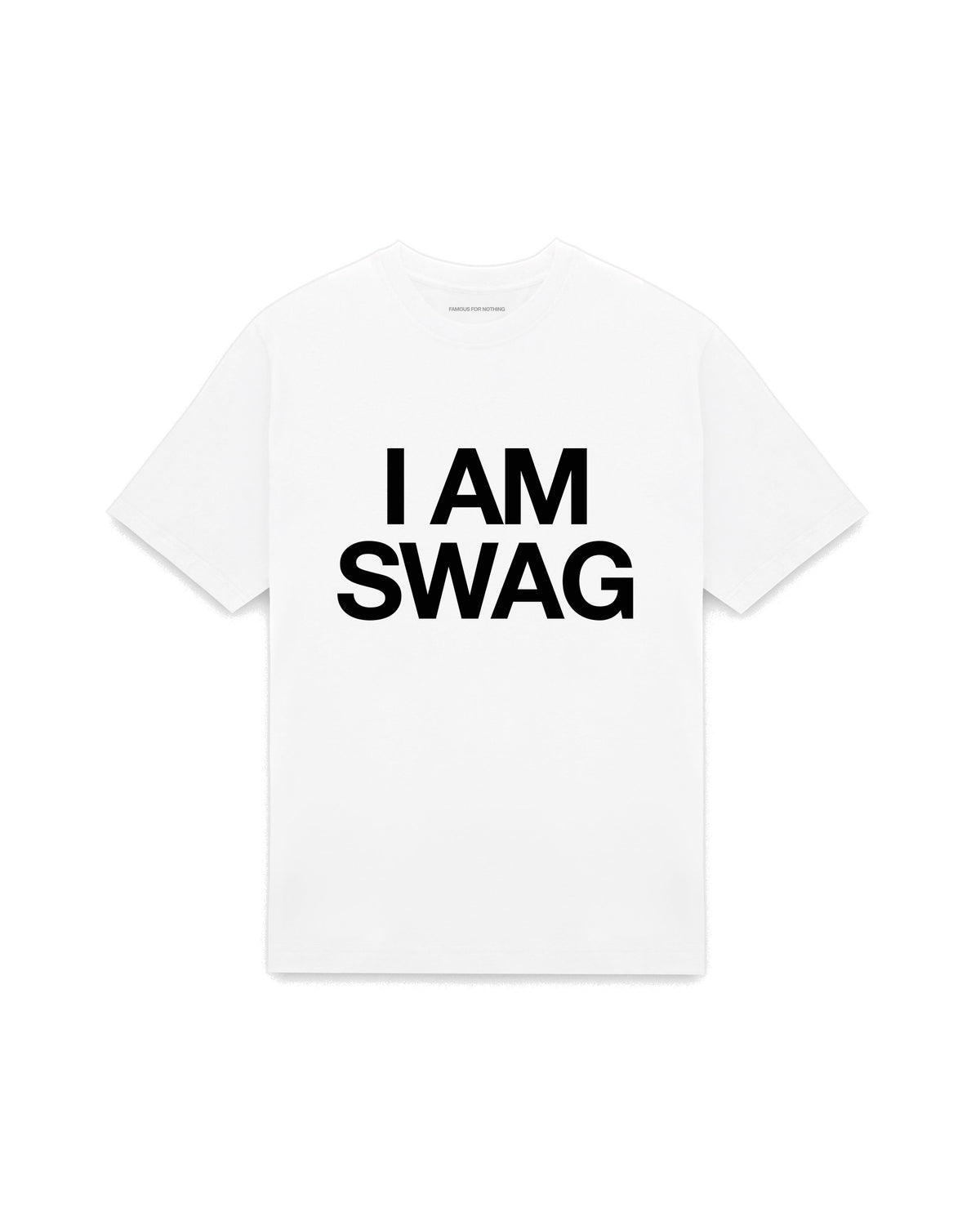 White oversized t-shirt with I AM SWAG printed in Helvetica across the chest, AS Colour Heavy Tee 5080.