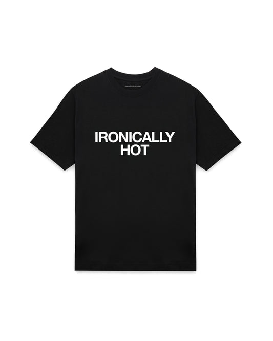 Black oversized t-shirt with IRONICALLY HOT printed in Helvetica across the chest, AS Colour Heavy Tee 5080.