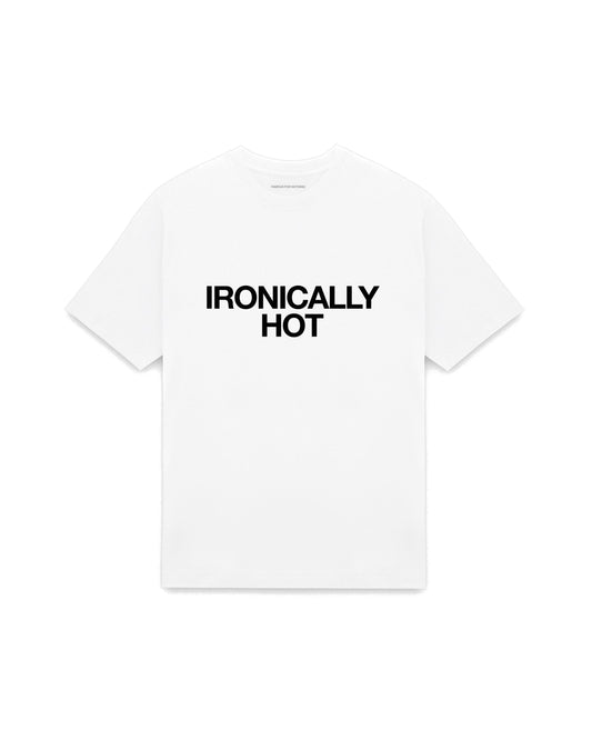 White oversized t-shirt with IRONICALLY HOT printed in Helvetica across the chest, AS Colour Heavy Tee 5080.