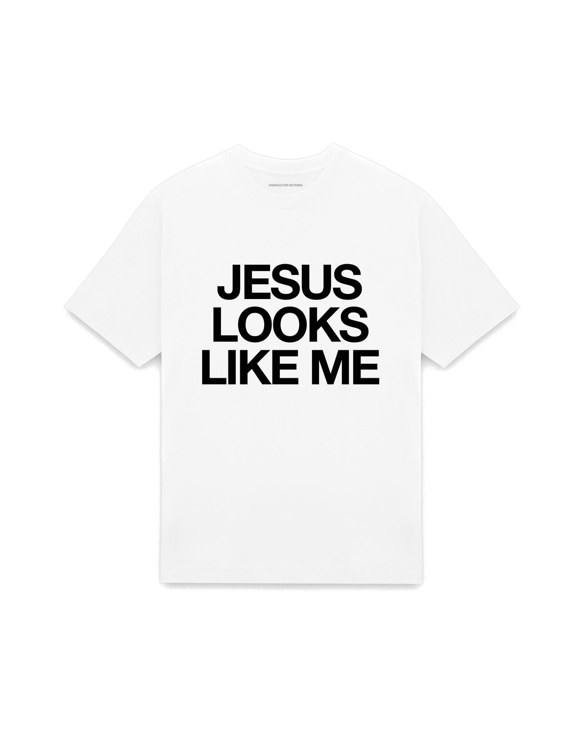 White oversized t-shirt with JESUS LOOKS LIKE ME printed in Helvetica across the chest, AS Colour Heavy Tee 5080.