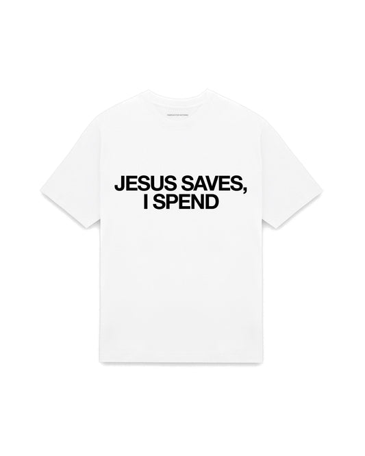 White oversized t-shirt with JESUS SAVES, I SPEND printed in Helvetica across the chest, AS Colour Heavy Tee 5080.