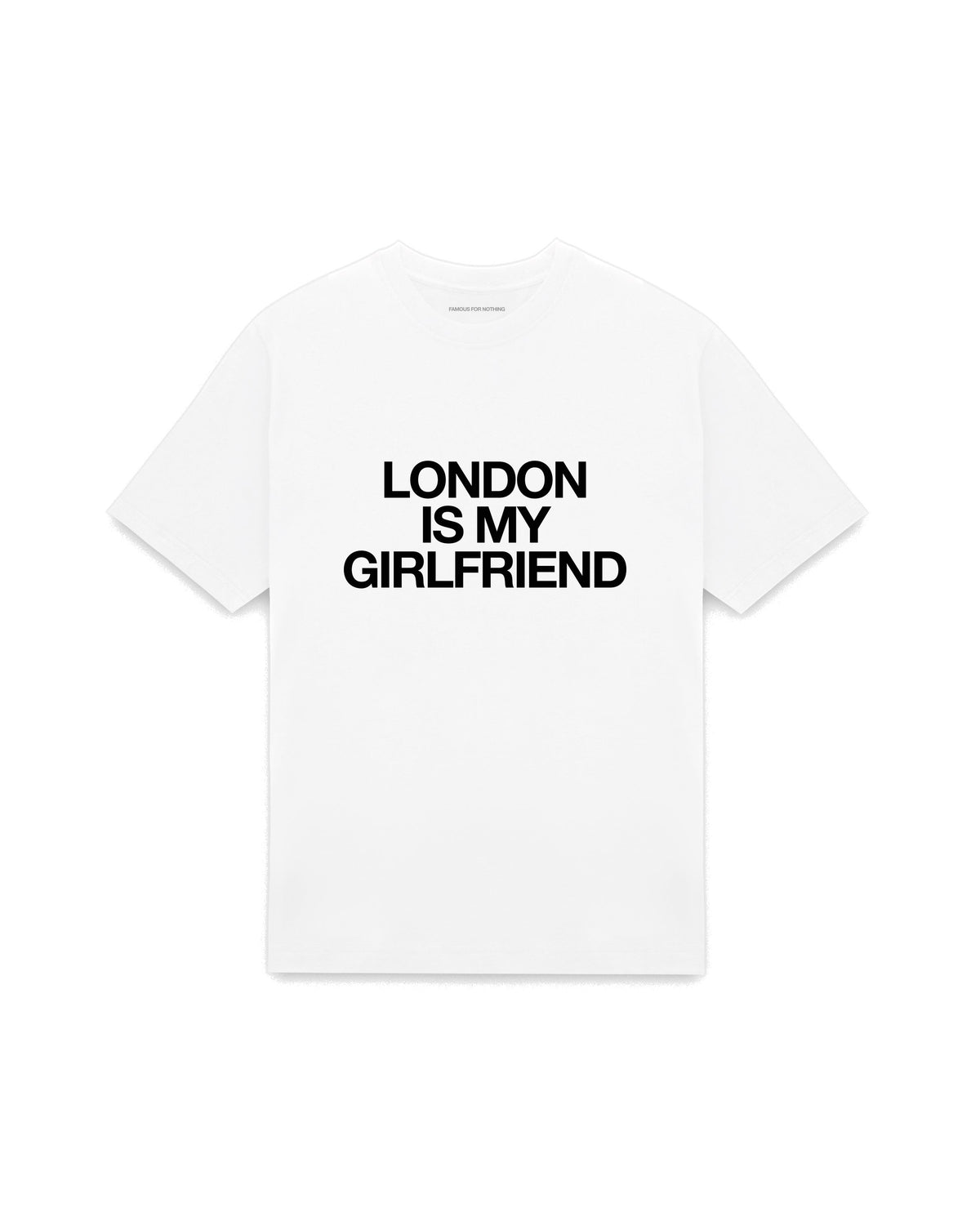 White oversized t-shirt with LONDON IS MY GIRLFRIEND printed in Helvetica across the chest, AS Colour Heavy Tee 5080.