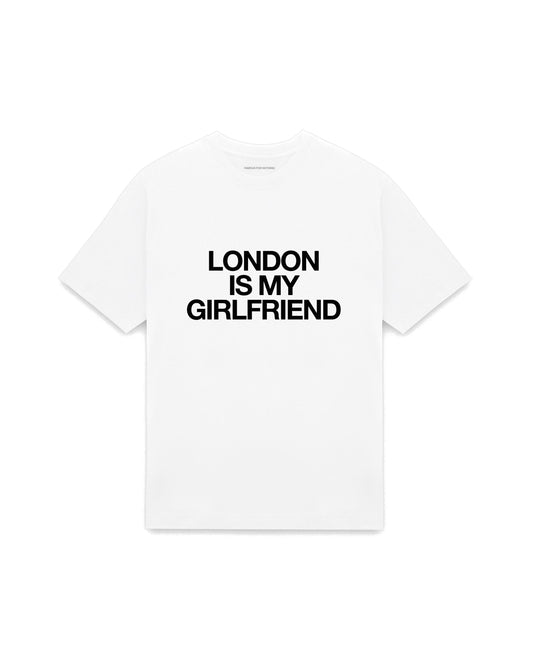 White oversized t-shirt with LONDON IS MY GIRLFRIEND printed in Helvetica across the chest, AS Colour Heavy Tee 5080.