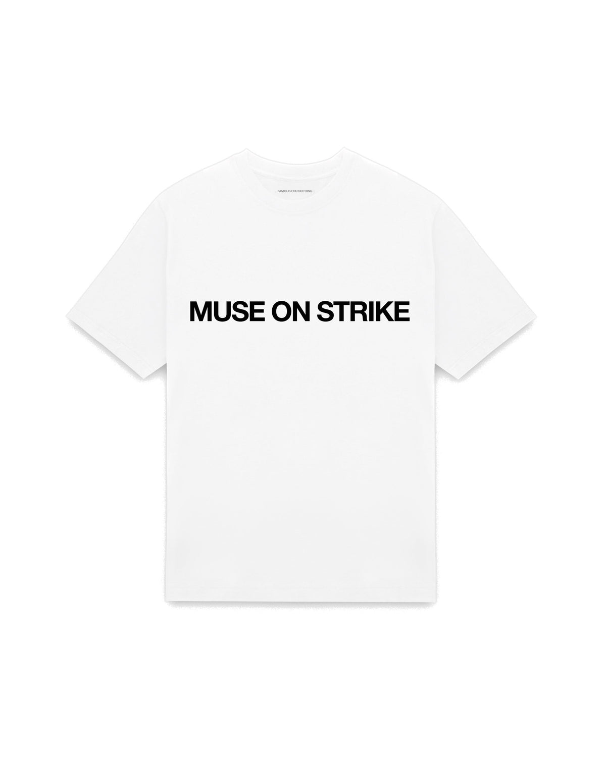 White oversized t-shirt with MUSE ON STRIKE printed in Helvetica across the chest, AS Colour Heavy Tee 5080.