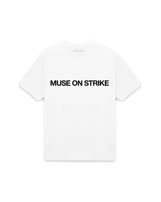 White oversized t-shirt with MUSE ON STRIKE printed in Helvetica across the chest, AS Colour Heavy Tee 5080.
