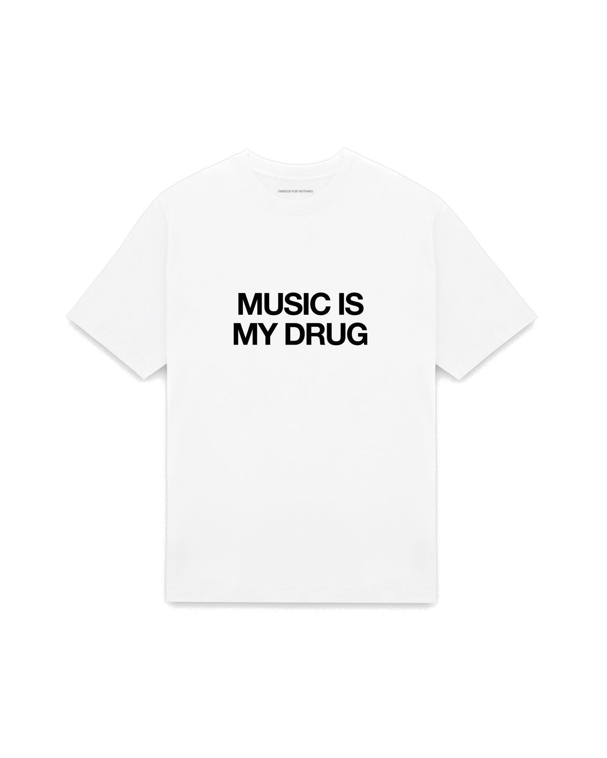 White oversized t-shirt with MUSIC IS MY DRUG printed in Helvetica across the chest, AS Colour Heavy Tee 5080.