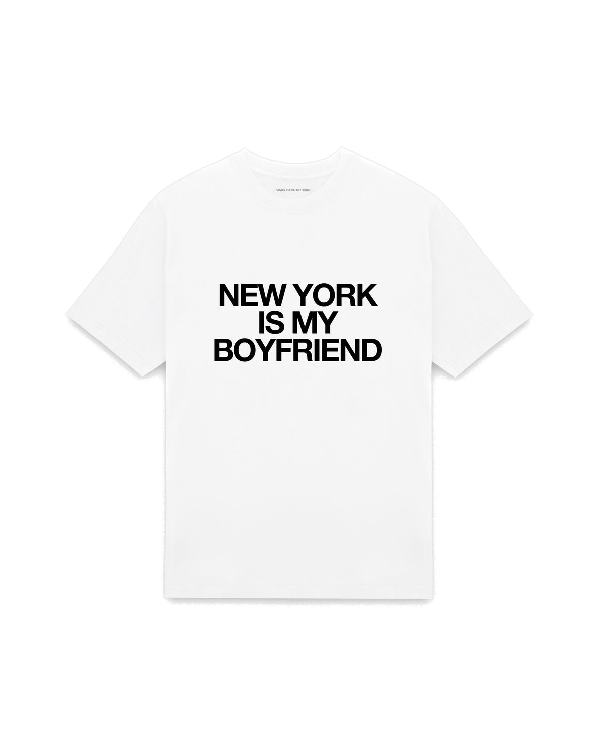 White oversized t-shirt with NEW YORK IS MY BOYFRIEND printed in Helvetica across the chest, AS Colour Heavy Tee 5080.