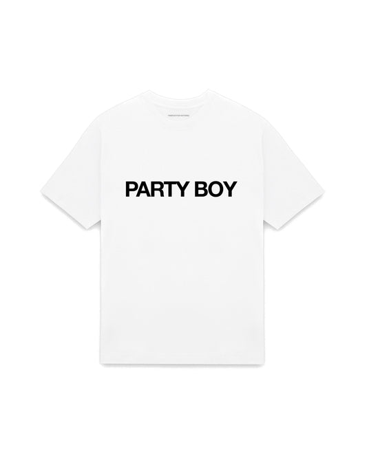 White oversized t-shirt with PARTY BOY printed in Helvetica across the chest, AS Colour Heavy Tee 5080.