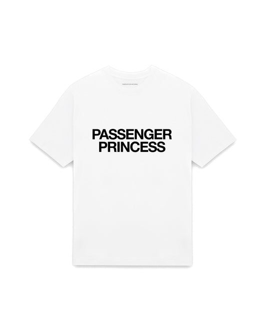 White oversized t-shirt with PASSENGER PRINCESS printed in Helvetica across the chest, AS Colour Heavy Tee 5080.