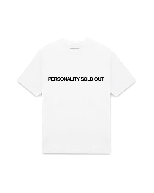 White oversized t-shirt with PERSONALITY SOLD OUT printed in Helvetica across the chest, AS Colour Heavy Tee 5080.