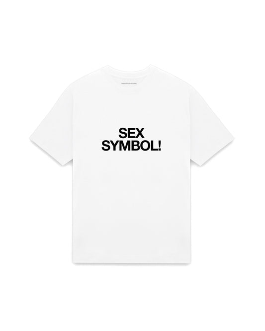 White oversized t-shirt with SEX SYMBOL! printed in Helvetica across the chest, AS Colour Heavy Tee 5080.