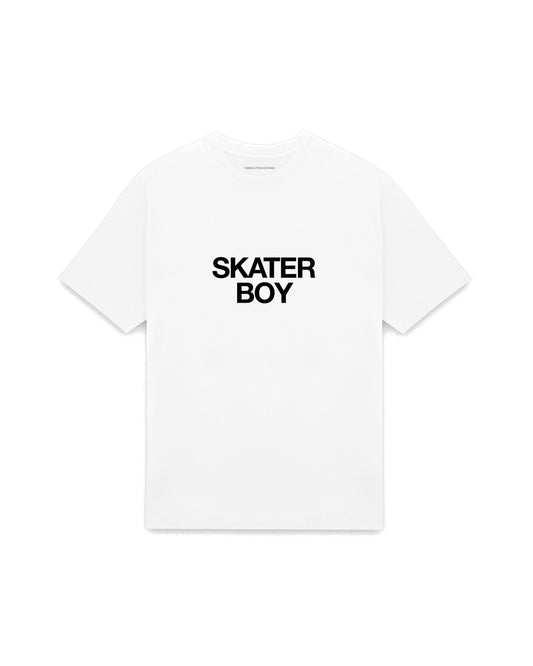 White oversized t-shirt with SKATER BOY printed in Helvetica across the chest, AS Colour Heavy Tee 5080.