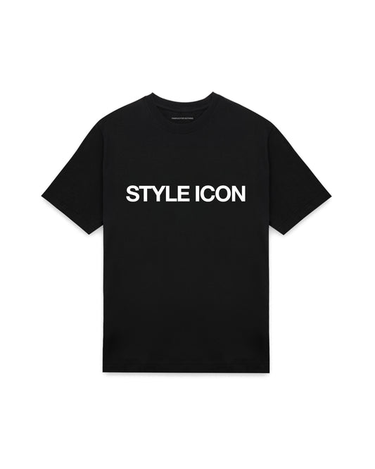 Black oversized t-shirt with STYLE ICON printed in Helvetica across the chest, AS Colour Heavy Tee 5080.