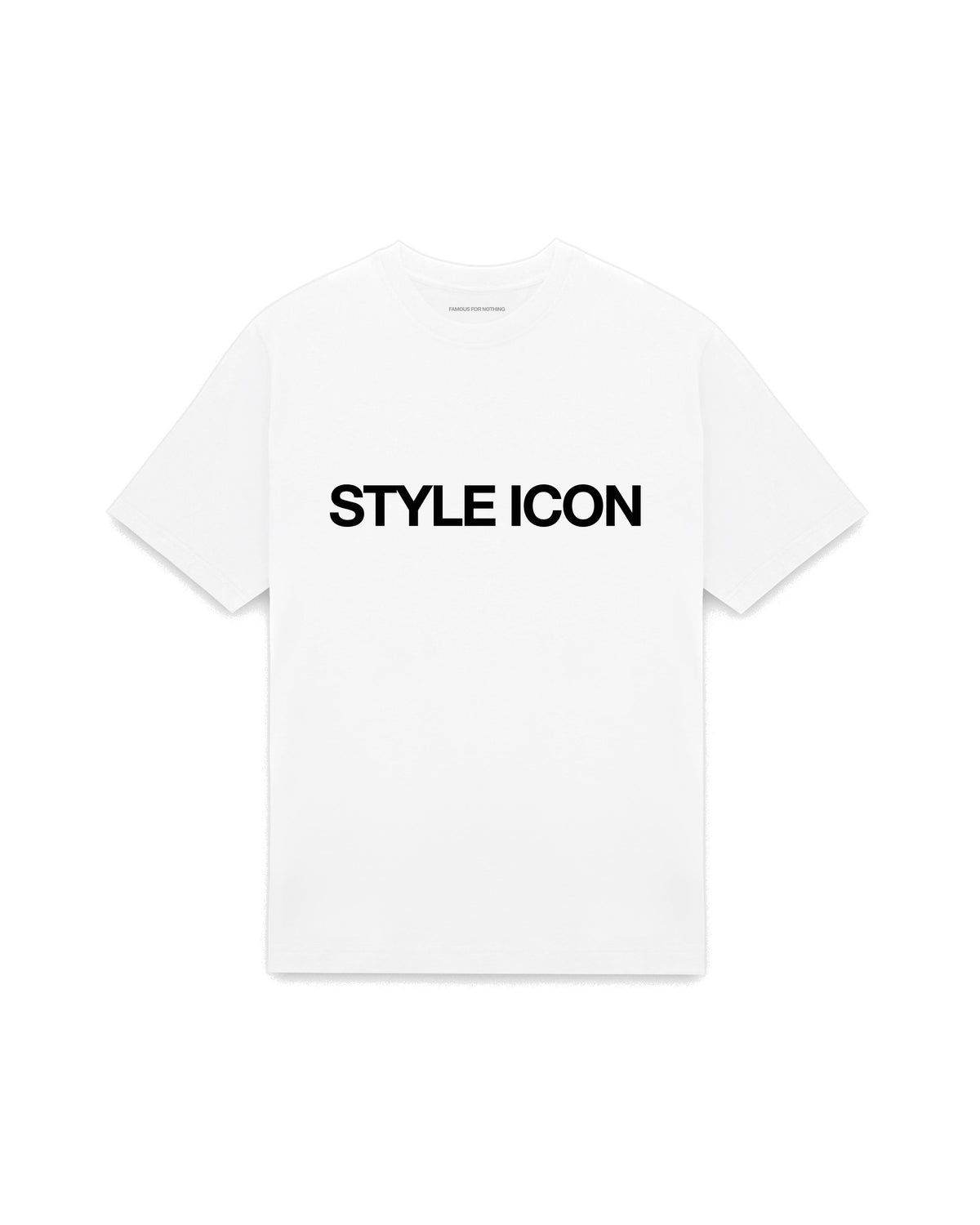 White oversized t-shirt with STYLE ICON printed in Helvetica across the chest, AS Colour Heavy Tee 5080.