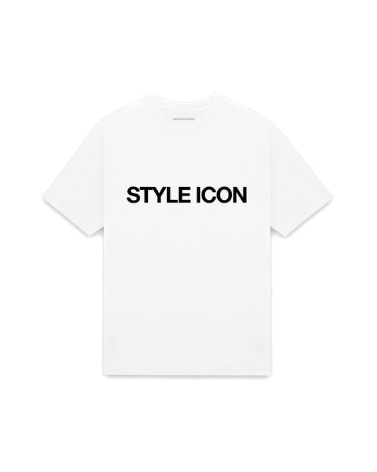 White oversized t-shirt with STYLE ICON printed in Helvetica across the chest, AS Colour Heavy Tee 5080.