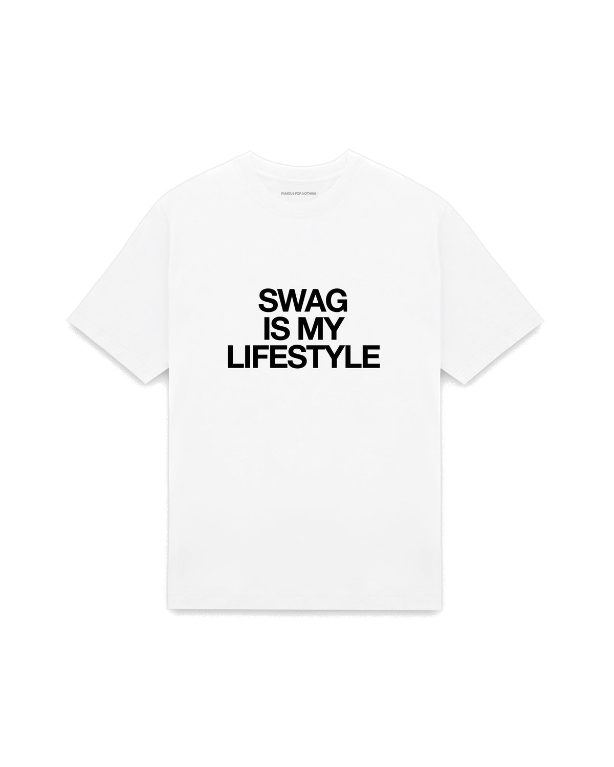 White oversized t-shirt with SWAG IS MY LIFESTYLE printed in Helvetica across the chest, AS Colour Heavy Tee 5080.