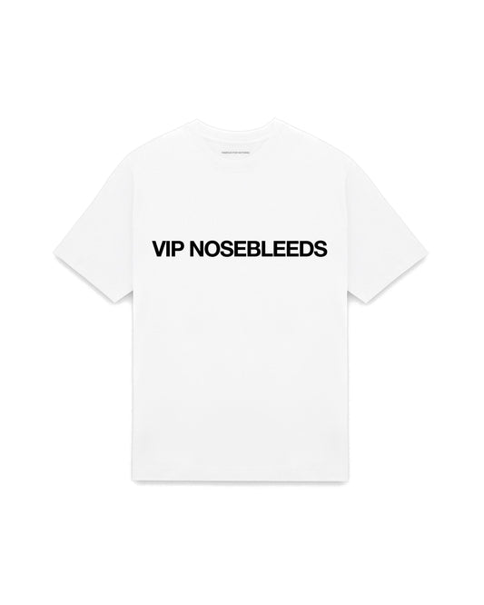 White oversized t-shirt with VIP NOSEBLEEDS printed in Helvetica across the chest, AS Colour Heavy Tee 5080.