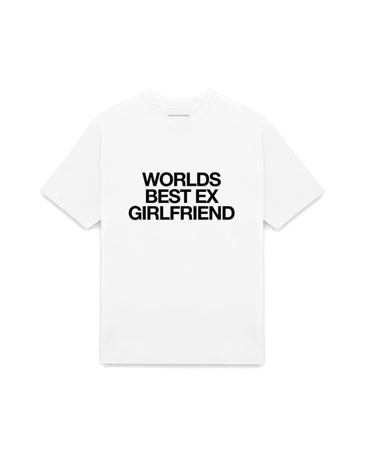 White oversized t-shirt with WORLDS BEST EX GIRLFRIEND printed in Helvetica across the chest, AS Colour Heavy Tee 5080.