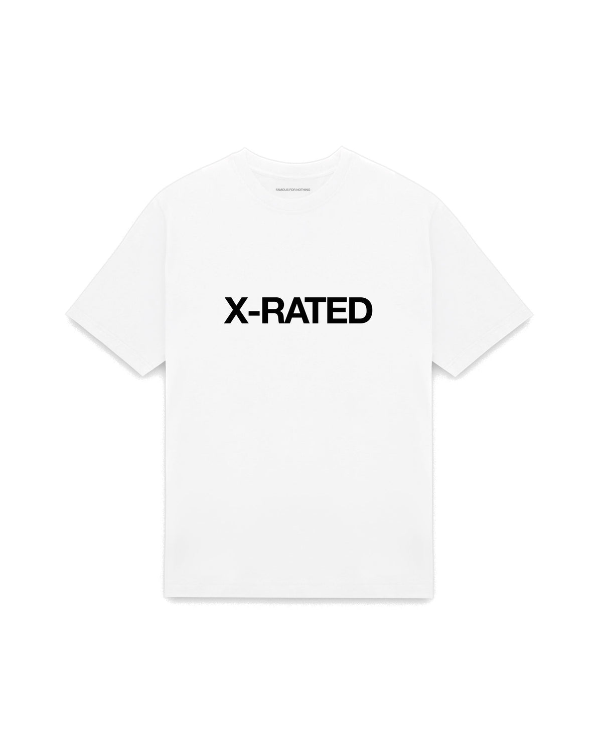 White oversized t-shirt with X-RATED printed in Helvetica across the chest, AS Colour Heavy Tee 5080.