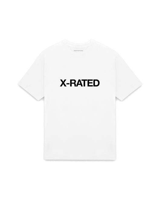 White oversized t-shirt with X-RATED printed in Helvetica across the chest, AS Colour Heavy Tee 5080.